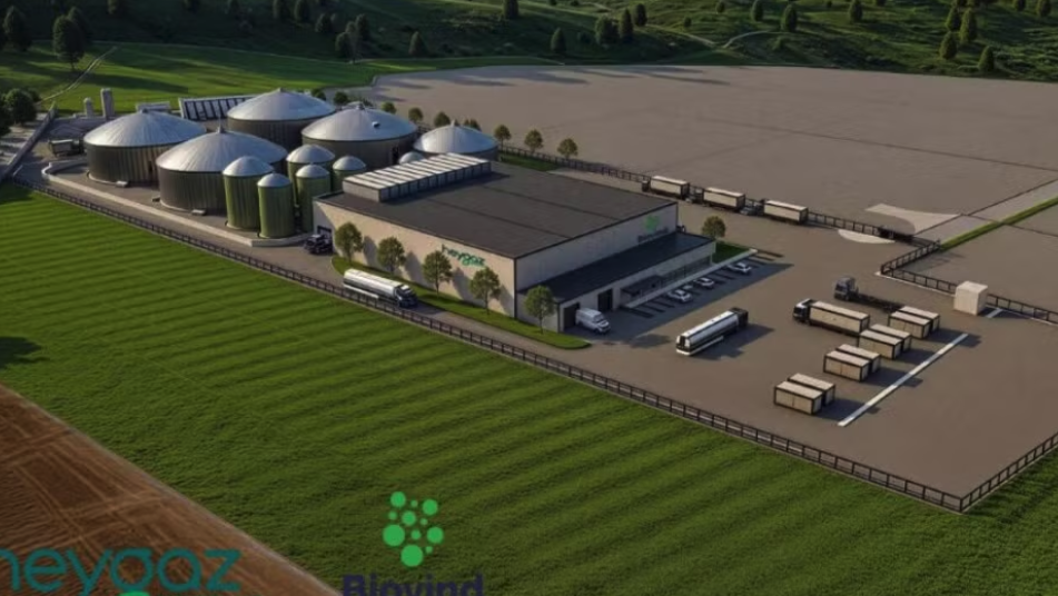 Dette er en illustrasjon av biogassfabrikken som Heygaz planlegger i Vindafjord. ILLUSTRASJON: HEYGAZ